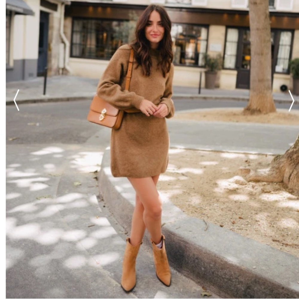 Long-Sleeve Knit Sweater Dress in Camel